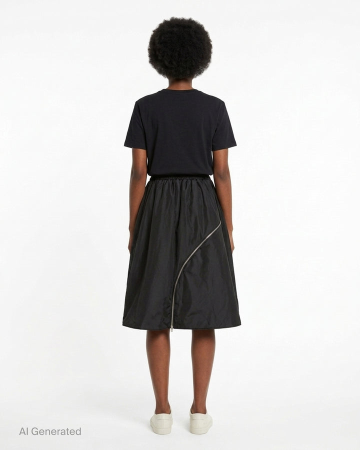 Melitta Baumeister black A-line bomber skirt with curved silver zip and elasticated waist - back