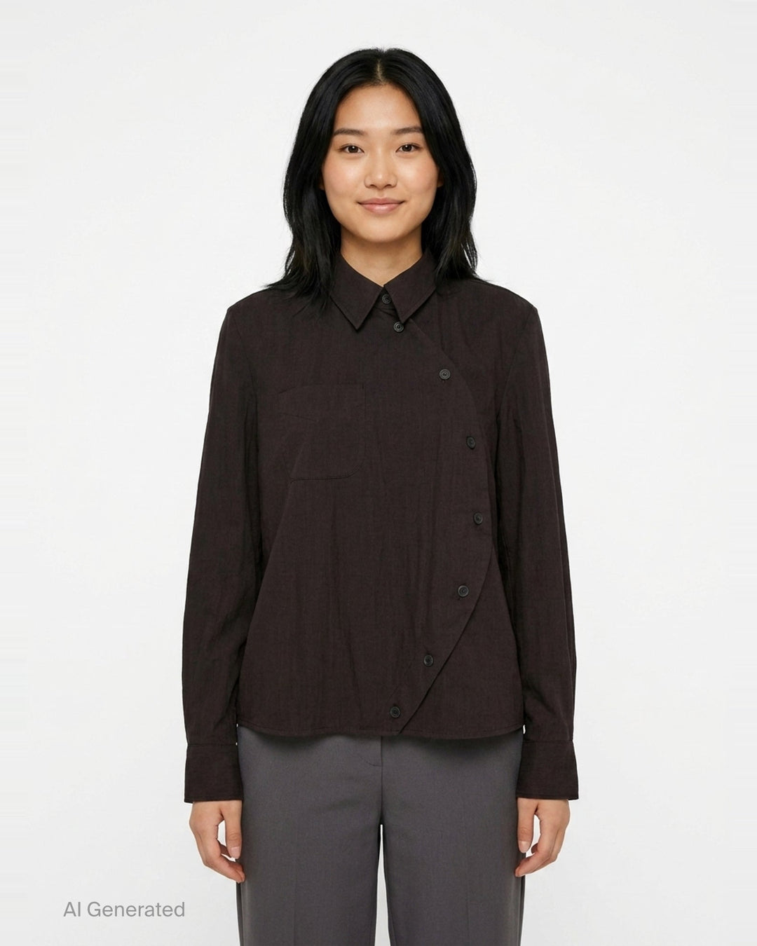 Melitta Baumeister Circle Shirt in black, featuring an asymmetric curved button placket, point collar, chest patch pocket, and structured long sleeves with wide cuffs - front