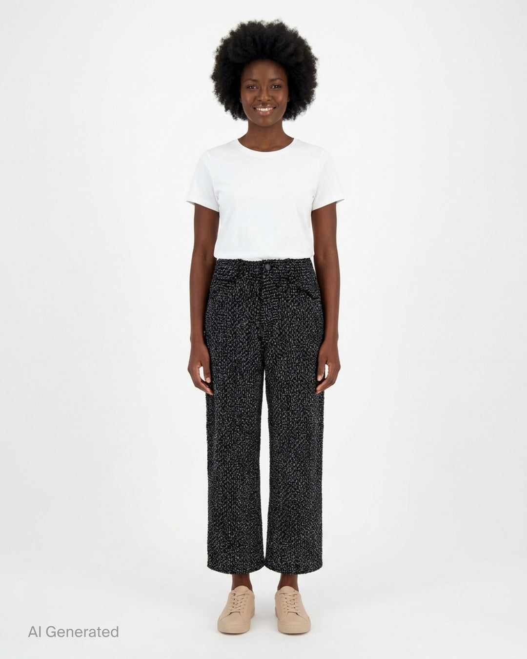 Melitta Baumeister cropped wide-leg pants in black and grey textured bouclé-effect denim, shown from the front - front