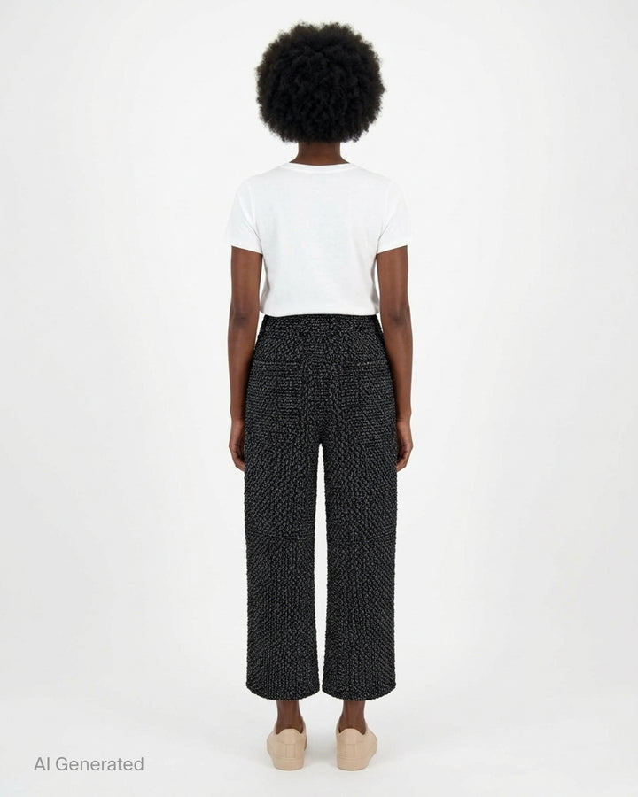 Melitta Baumeister cropped wide-leg pants in black and grey textured bouclé-effect denim, shown from the front - back