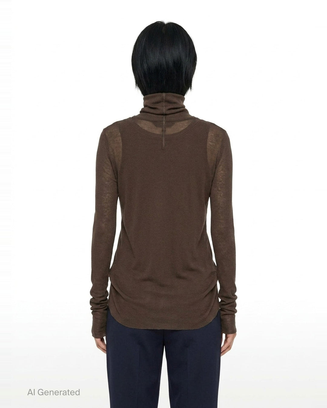 Melitta Baumeister Double Layer Turtleneck Top in dark brown, featuring a sheer long-sleeve base with ribbed turtleneck collar and an opaque sleeveless tank overlay with extended sheer hem - back