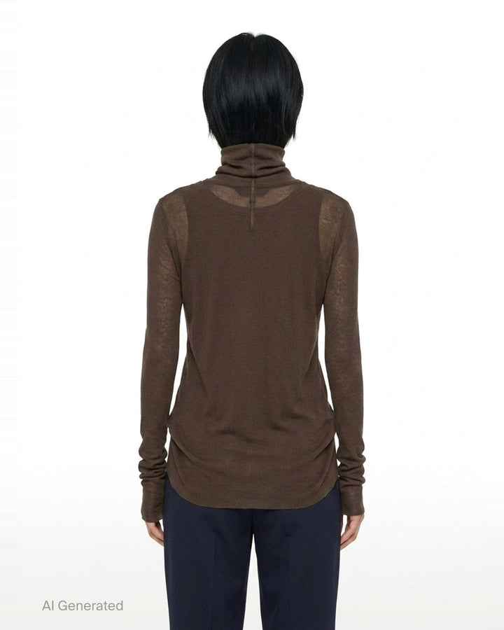 Melitta Baumeister Double Layer Turtleneck Top in dark brown, featuring a sheer long-sleeve base with ribbed turtleneck collar and an opaque sleeveless tank overlay with extended sheer hem - back