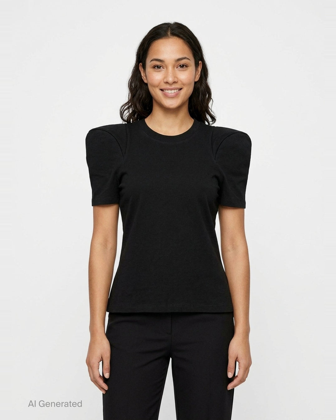 Melitta Baumeister Foamy Shoulder Tee in black, featuring exaggerated sculptural puff shoulders, ribbed crew neckline, and a fitted short-sleeve silhouette, shown on a flat lay against a white background - front