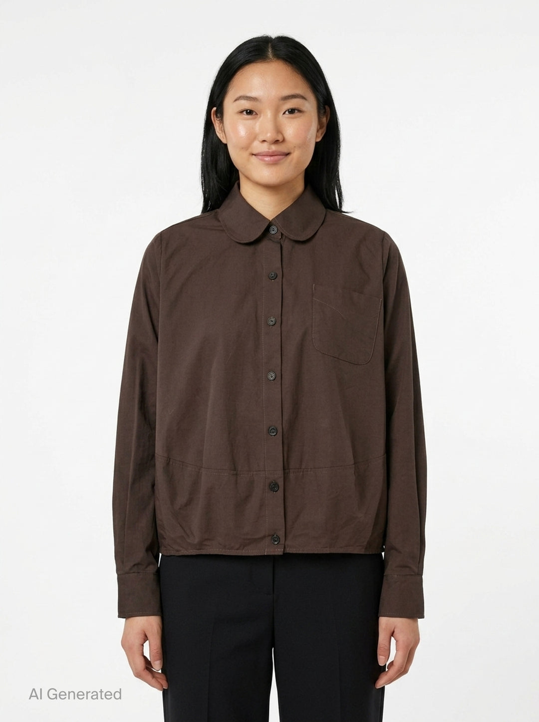 Melitta Baumeister Long Sleeve Cocoon Shirt in chocolate brown with rounded collar, contrast topstitching, chest patch pocket, and gathered elasticated hem band - front