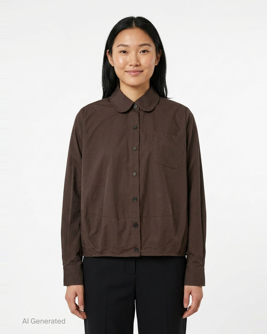Melitta Baumeister Long Sleeve Cocoon Shirt in chocolate brown with rounded collar, contrast topstitching, chest patch pocket, and gathered elasticated hem band - front