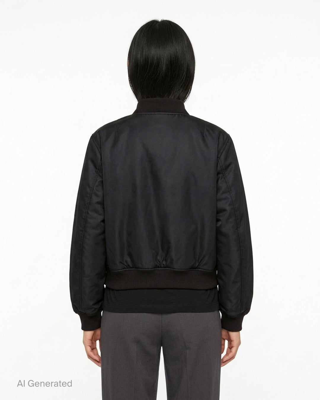 Melitta Baumeister black round bomber jacket with curved asymmetric zip and ribbed collar, cuffs and hem - back
