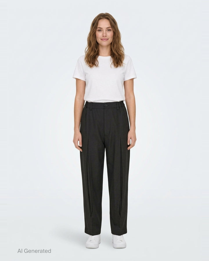 Melitta Baumeister Tailored Pointy Hem Pants in black, featuring raised front seam lines and a signature pointed hem extending at each leg, with a high-rise single-button waistband — front view on white background - front