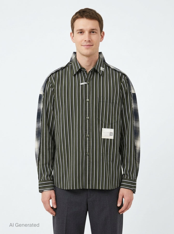 Combined Check Stripe Long Sleeve Shirt | Mihara Yasuhiro | Club21 - front