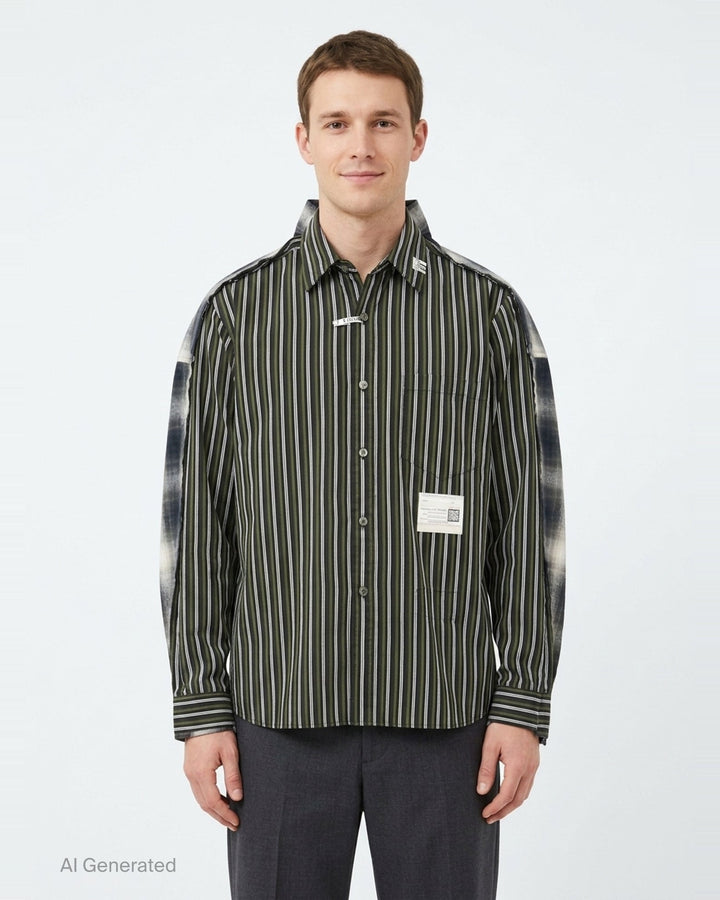 Combined Check Stripe Long Sleeve Shirt | Mihara Yasuhiro | Club21 - front
