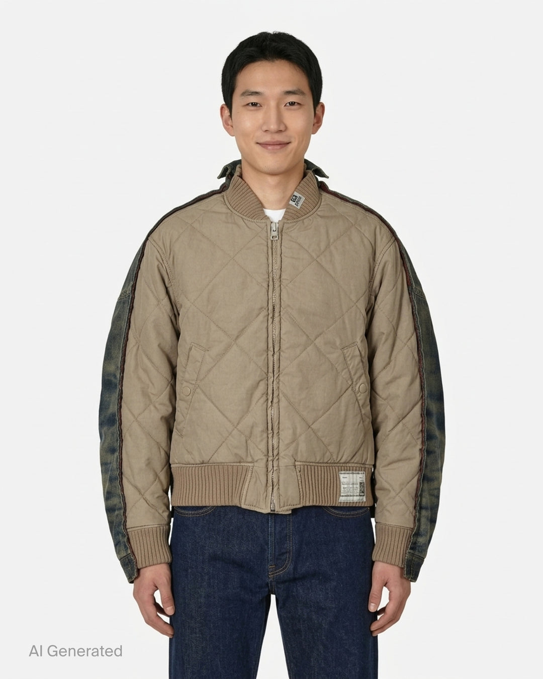 Mihara Yasuhiro Combined Quilt Denim Blouson with diamond-quilted beige body, washed denim sleeves and ribbed knit trims - front