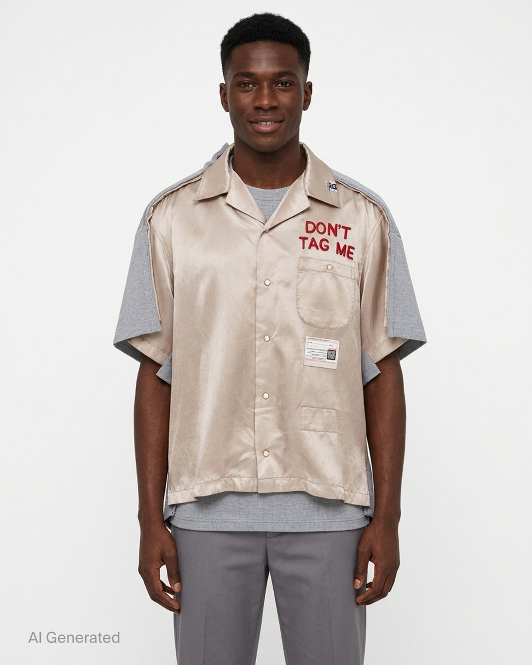 Miharayasuhiro combined shirt and T-shirt with champagne satin camp-collar front, grey knit layers and red embroidered 'Don't Tag Me' slogan - front
