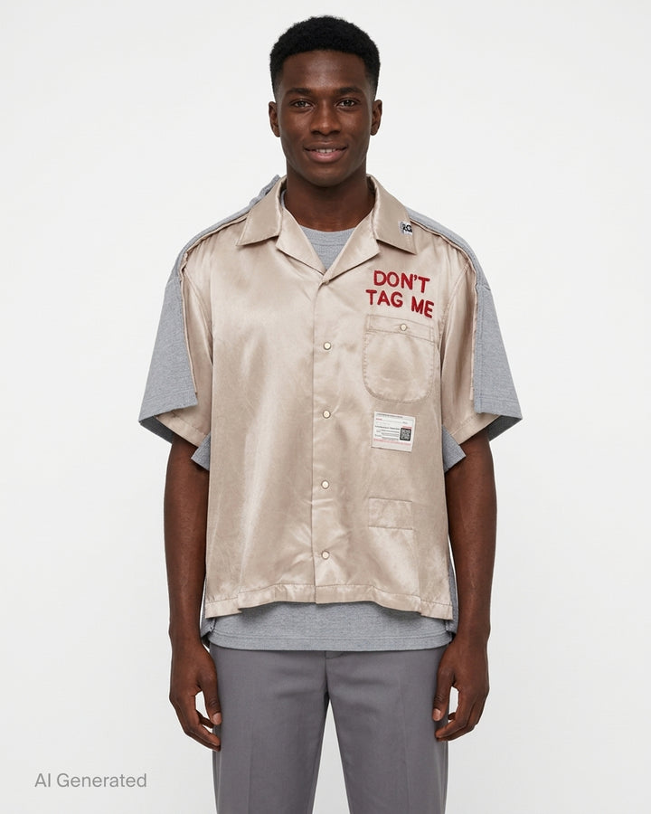 Miharayasuhiro combined shirt and T-shirt with champagne satin camp-collar front, grey knit layers and red embroidered 'Don't Tag Me' slogan - front