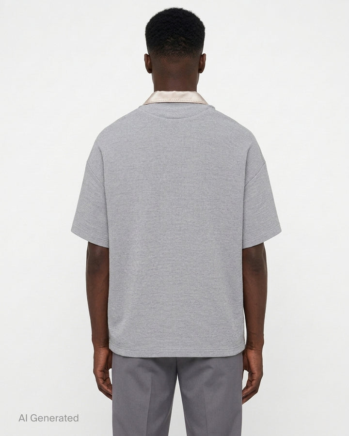 Miharayasuhiro combined shirt and T-shirt with champagne satin camp-collar front, grey knit layers and red embroidered 'Don't Tag Me' slogan - back