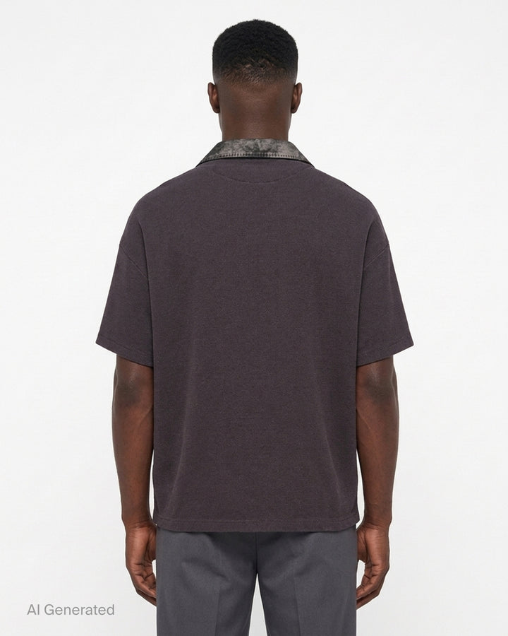 Miharayasuhiro combined shirt and T-shirt with champagne satin camp-collar front, grey knit layers and red embroidered 'Don't Tag Me' slogan - back
