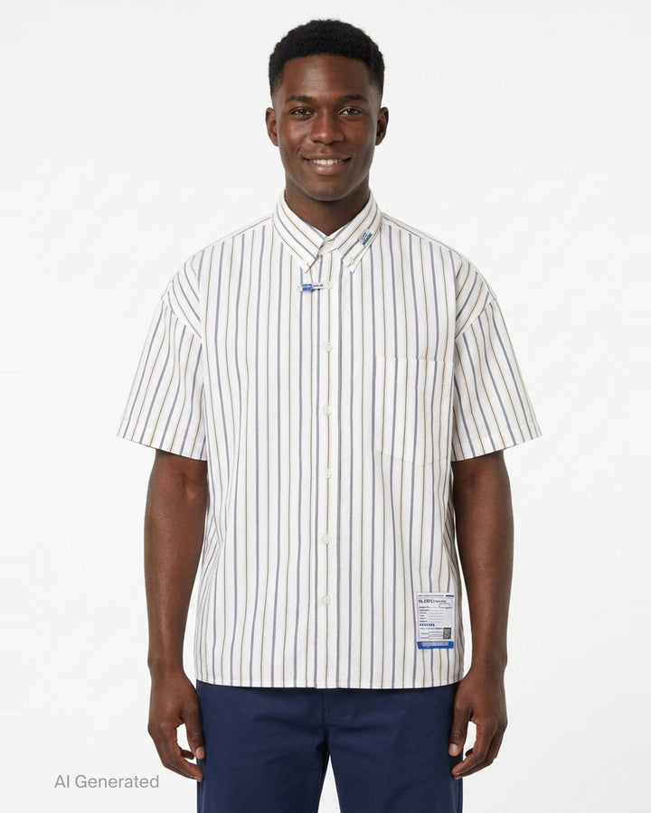 Cotton High Density Short Sleeve Stripe Shirt | Mihara Yasuhiro | Club21 - front