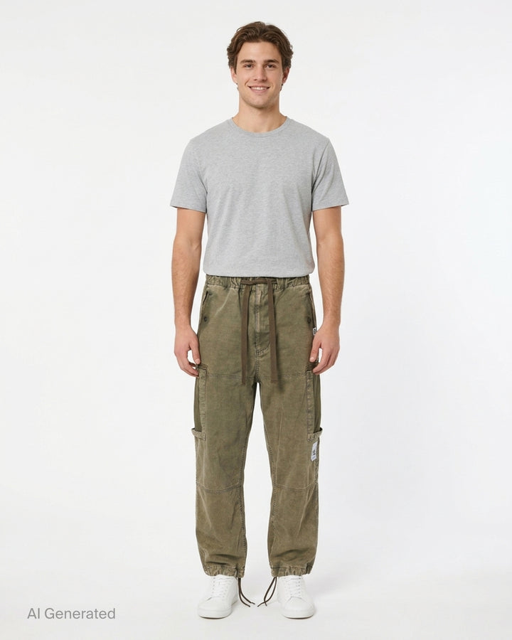Mihara Yasuhiro washed olive damaged cargo pants with drawstring waist, oversized cargo pockets and distressed finish, front view - front