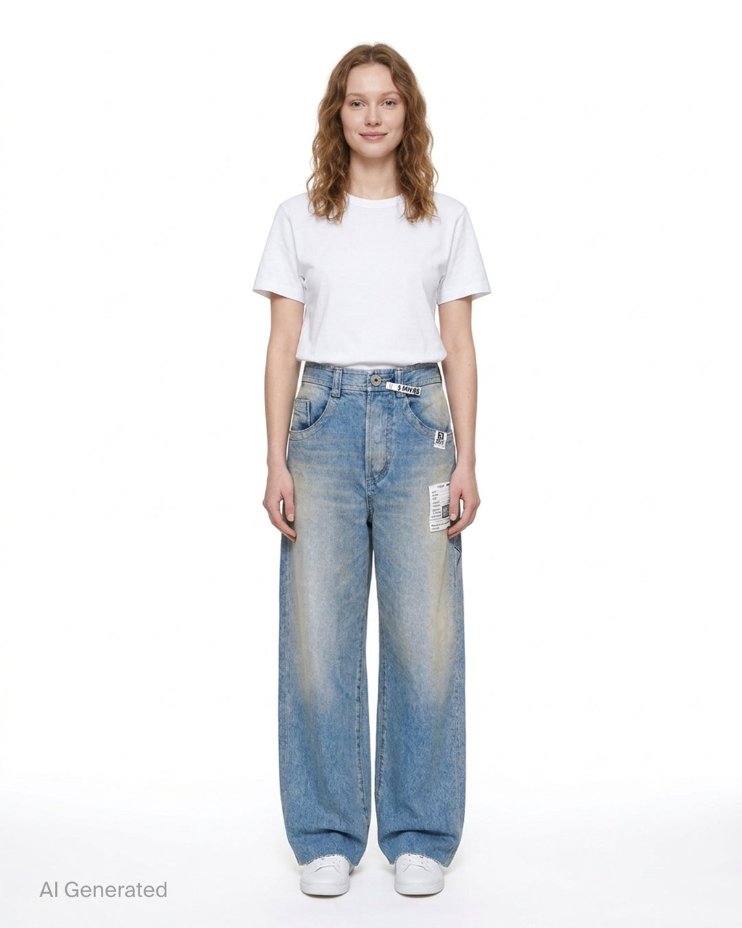 Mihara Yasuhiro wide-leg blue denim pants with a faded dirt-washed finish, MMY waist tag and appliquéd label patch - front