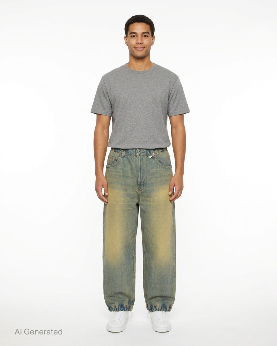 Mihara Yasuhiro Light Oz wide-leg denim pants in a faded black and tan wash with elastic waistband and drawcord hems - front