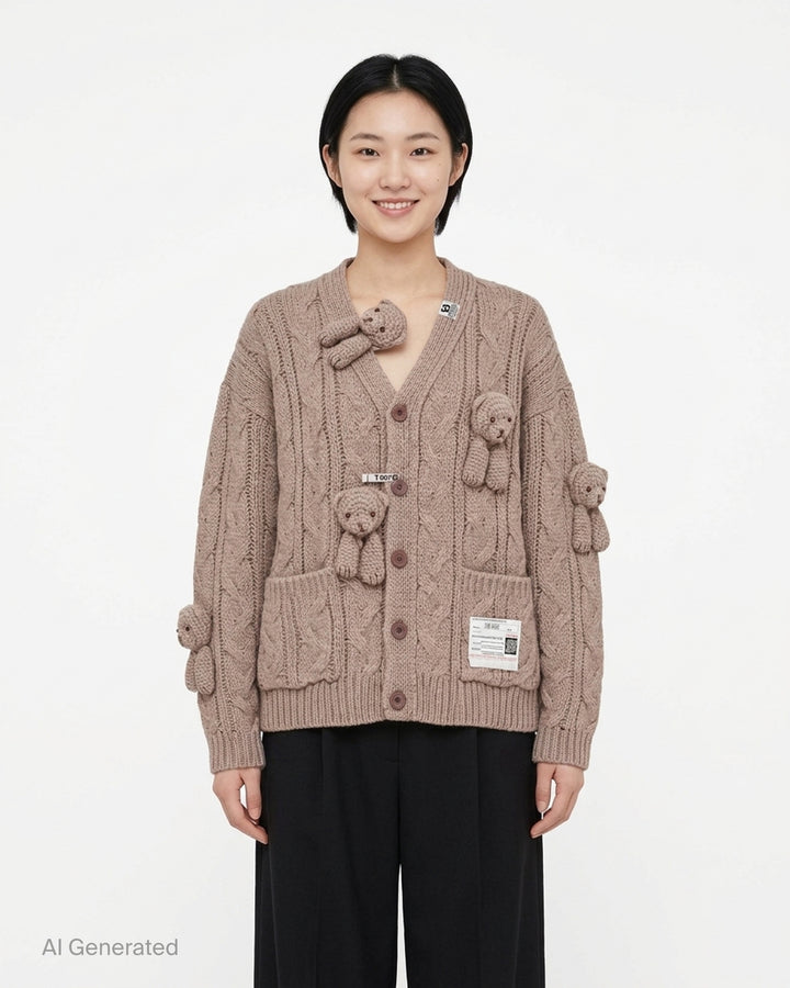 Mihara Yasuhiro Pink House Bears Knit Cardigan in a chunky cable knit with knitted teddy bear appliqués, button front and patch pockets - front