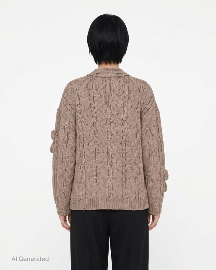 Mihara Yasuhiro Pink House Bears Knit Cardigan in a chunky cable knit with knitted teddy bear appliqués, button front and patch pockets - back