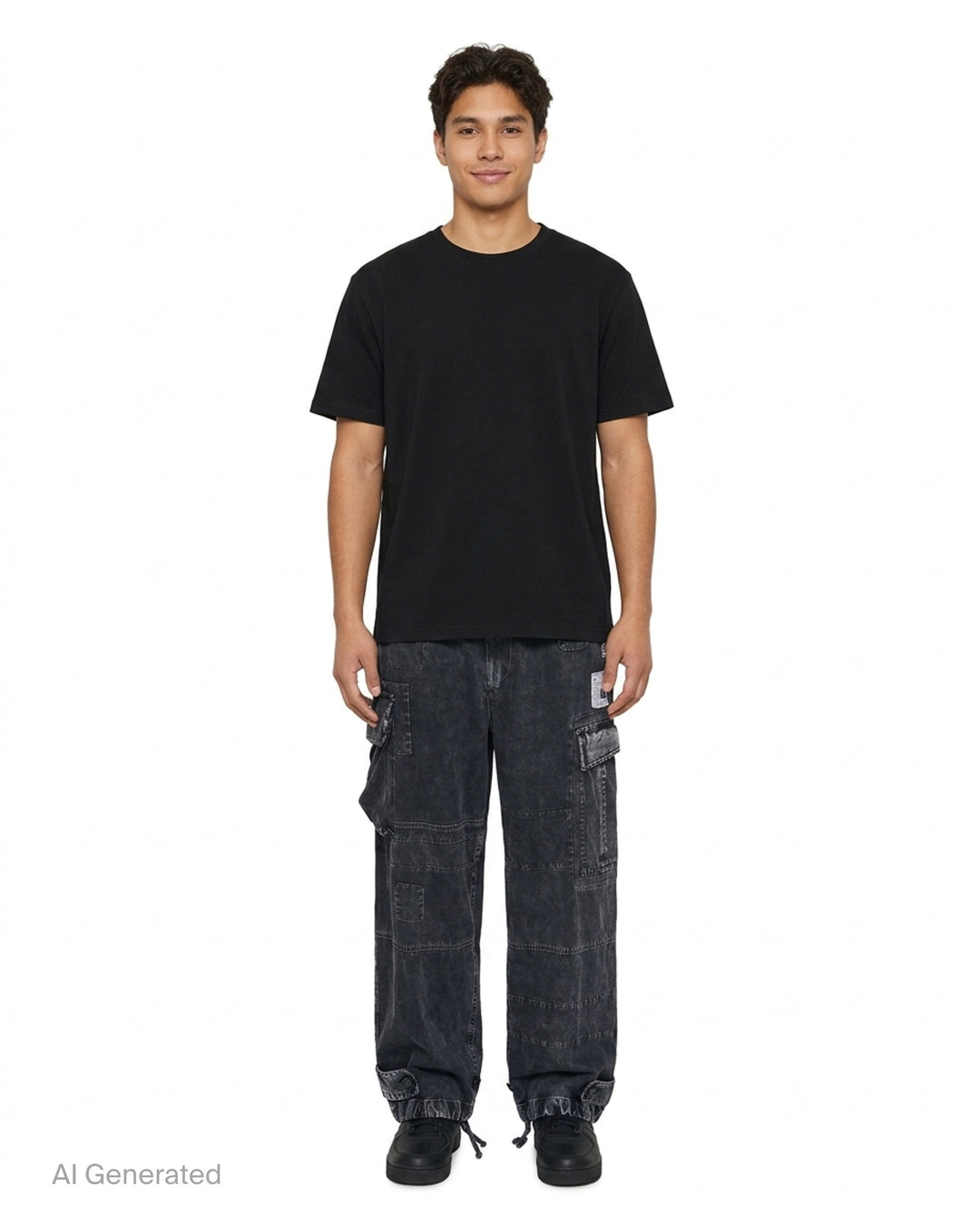 Mihara Yasuhiro Repair Cargo Trousers in washed black denim with patchwork panels, large cargo pockets and drawcord hems - front