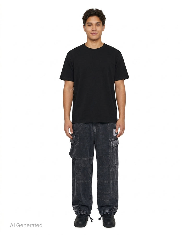 Mihara Yasuhiro Repair Cargo Trousers in washed black denim with patchwork panels, large cargo pockets and drawcord hems - front