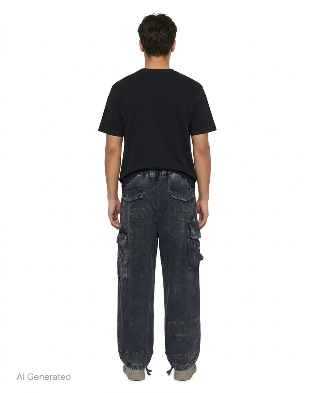 Mihara Yasuhiro Repair Cargo Trousers in washed black denim with patchwork panels, large cargo pockets and drawcord hems - back