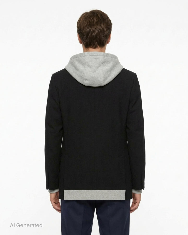 Mihara Yasuhiro Triple Layered Blazer in black with an attached grey hood and striped shirt layer, shown flat from the front - back