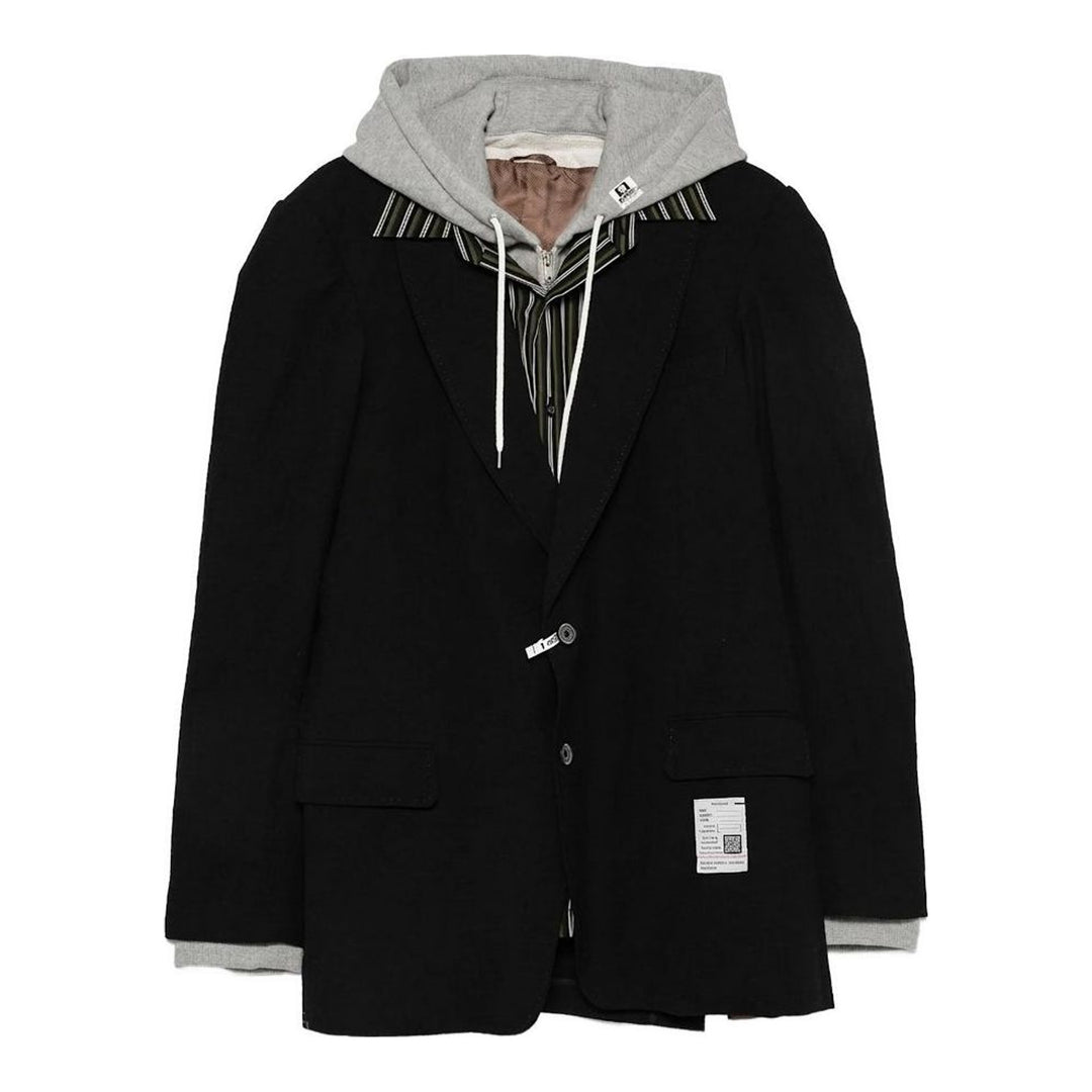 Mihara Yasuhiro Triple Layered Blazer in black with an attached grey hood and striped shirt layer, shown flat from the front - packshot