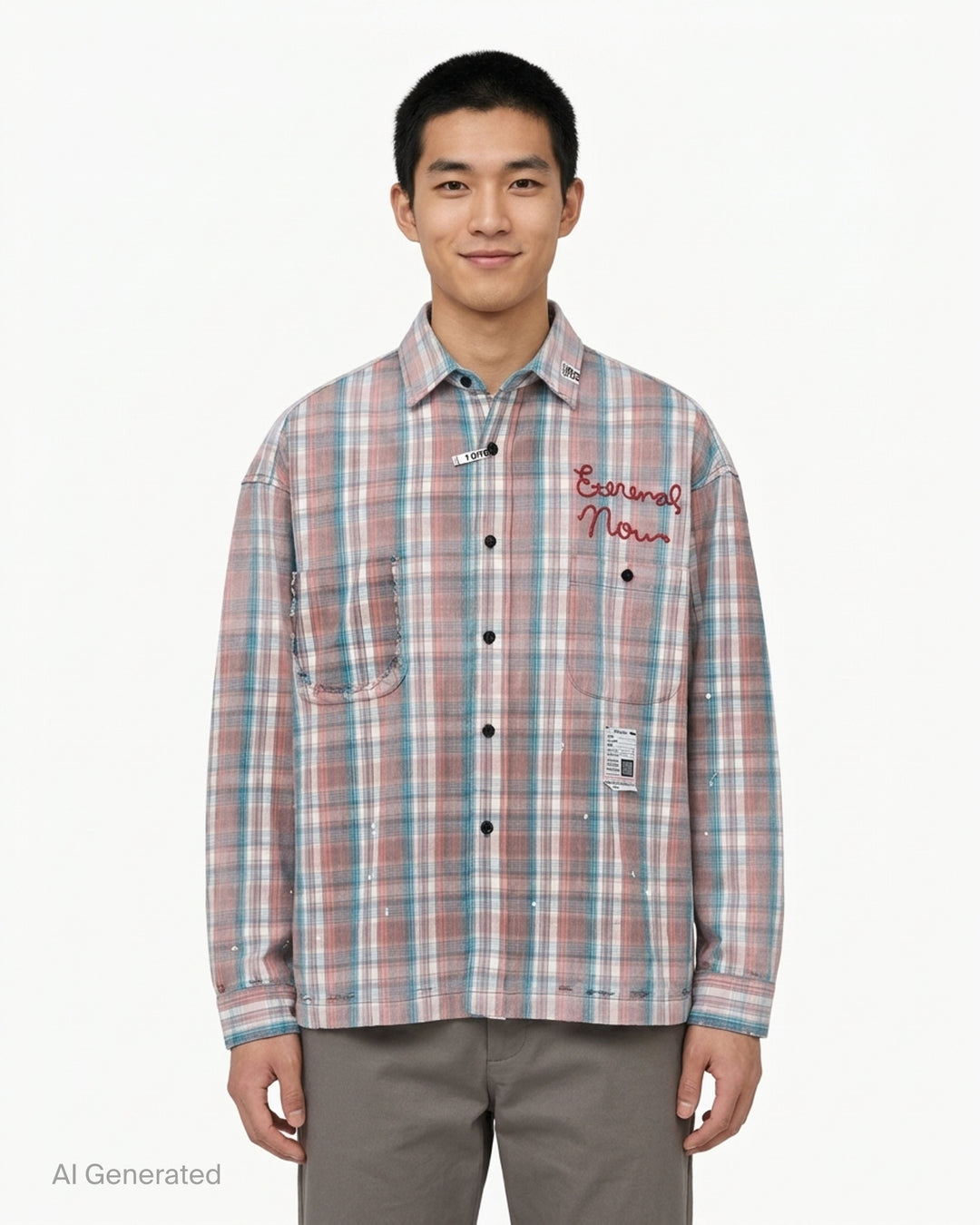 Maison MIHARA YASUHIRO vintage-like check long sleeve shirt in faded coral and teal plaid with red script embroidery, raw-edged pocket and paint splatter - front