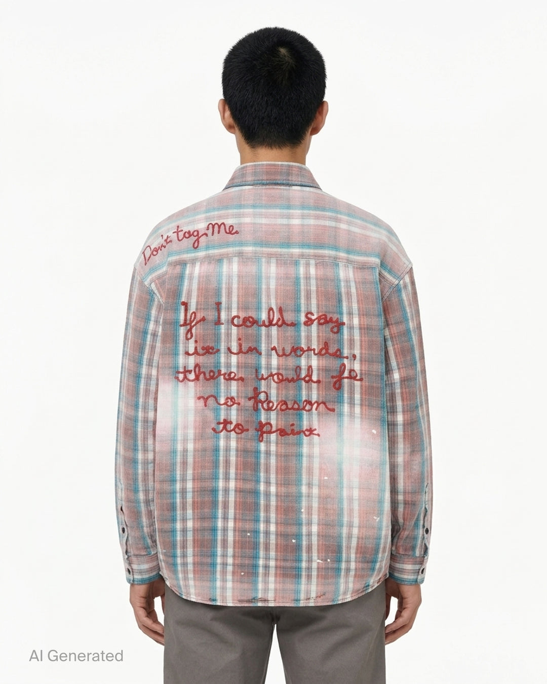 Maison MIHARA YASUHIRO vintage-like check long sleeve shirt in faded coral and teal plaid with red script embroidery, raw-edged pocket and paint splatter - back