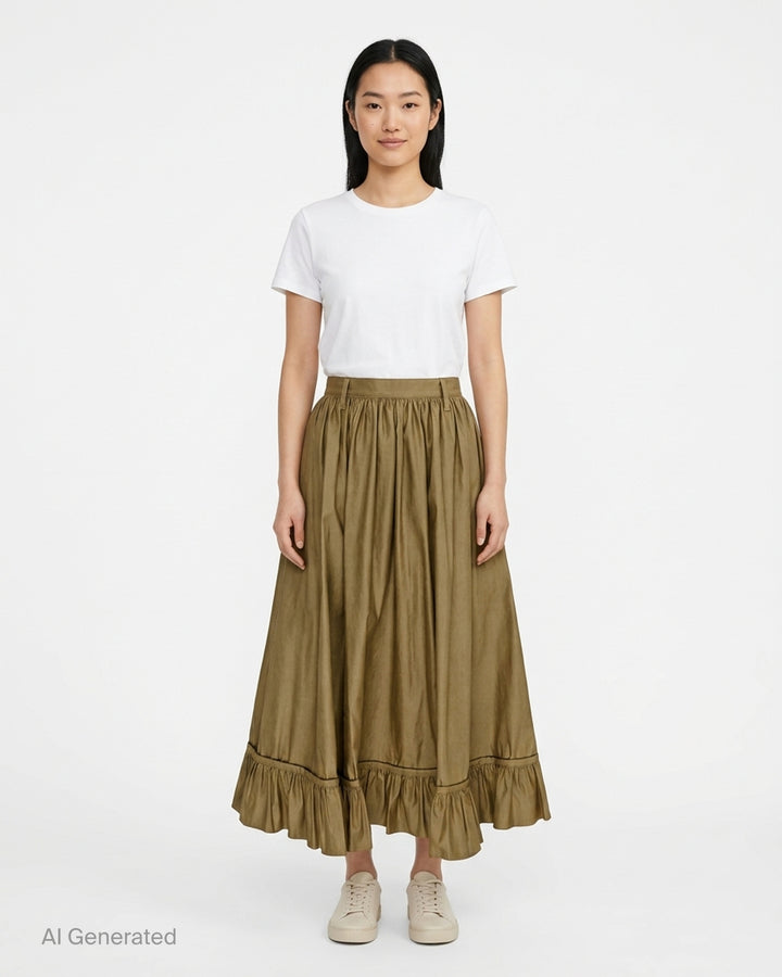 MM6 Maison Margiela coated cotton trench midi skirt with gathered waist and ruffled hem, shown from the front - front