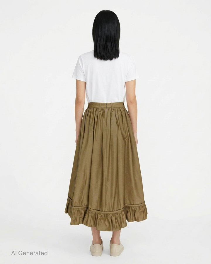 MM6 Maison Margiela coated cotton trench midi skirt with gathered waist and ruffled hem, shown from the front - back