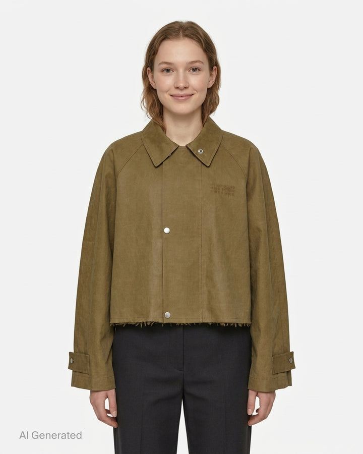 MM6 Maison Margiela cropped khaki coated trench jacket with raglan sleeves, snap front closure, pointed collar and raw frayed hem - front