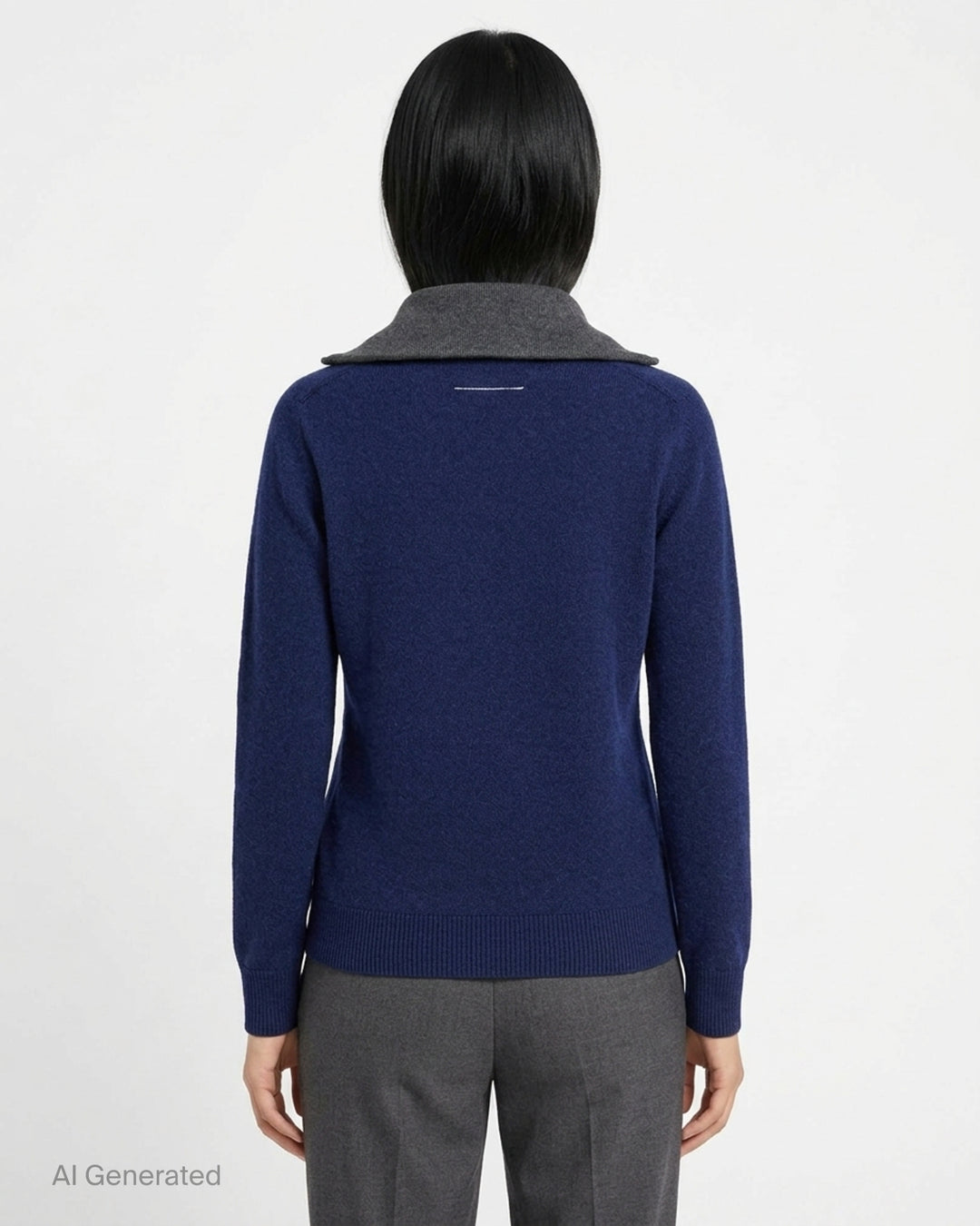 MM6 Maison Margiela navy knit pullover with V-neckline, contrast grey zip inner collar and ribbed cuffs and hem - back