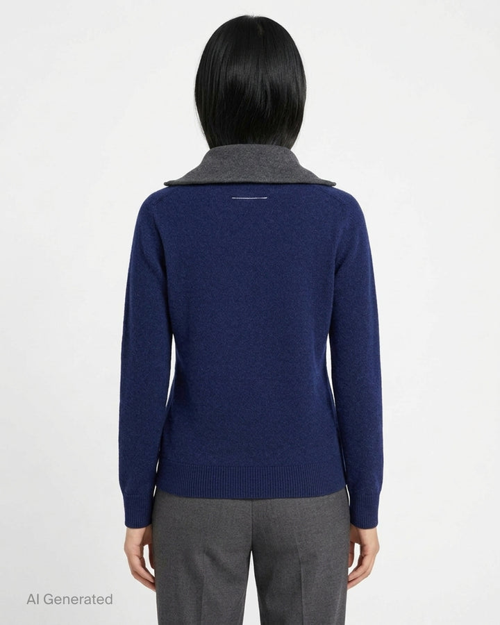 MM6 Maison Margiela navy knit pullover with V-neckline, contrast grey zip inner collar and ribbed cuffs and hem - back