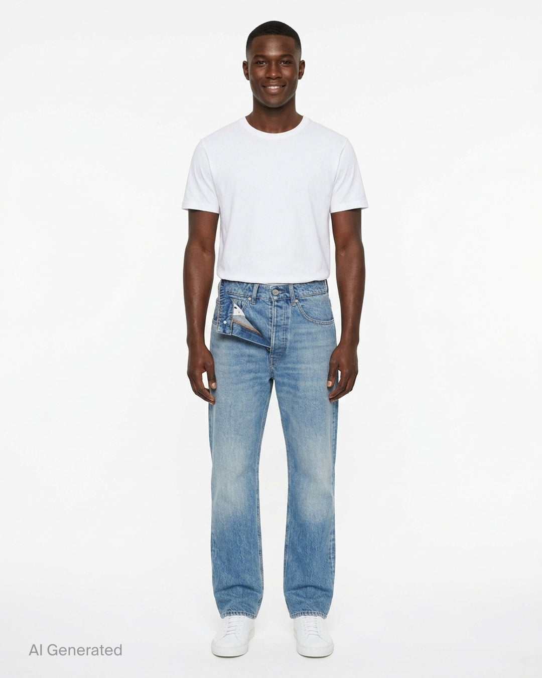 MM6 Maison Margiela light wash blue straight-leg jeans with a deconstructed asymmetric waistband and button fly, shown front view - front