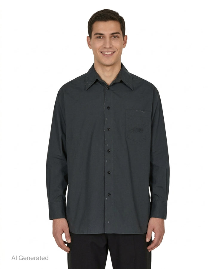 MM6 Maison Margiela long sleeve cotton poplin shirt in charcoal with distressed paint-effect trim and embroidered chest pocket, front view - front
