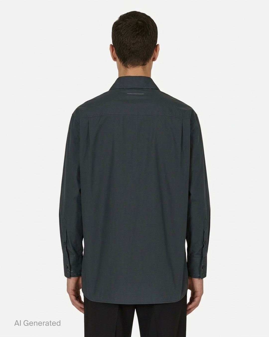 MM6 Maison Margiela long sleeve cotton poplin shirt in charcoal with distressed paint-effect trim and embroidered chest pocket, front view - back