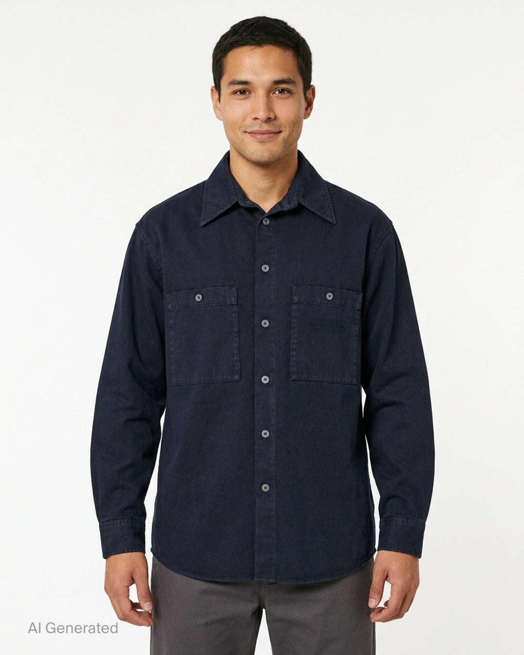 MM6 Maison Margiela overdyed long sleeve shirt in faded navy with button front, pointed collar and two oversized chest pockets - front