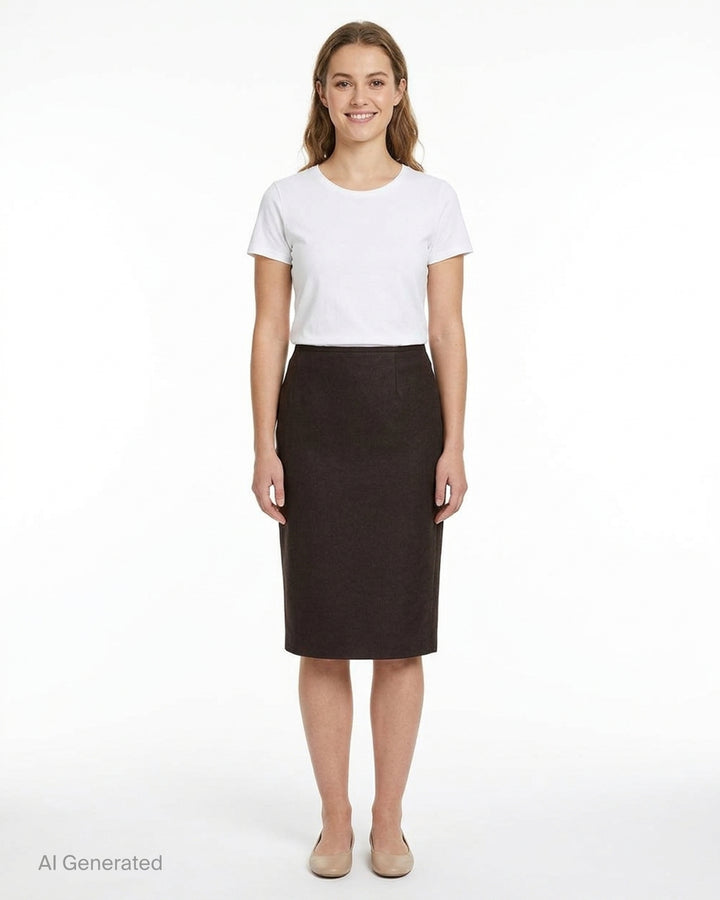 MM6 Maison Margiela dark brown wool felt midi skirt with a fitted pencil silhouette, shown from the front - front