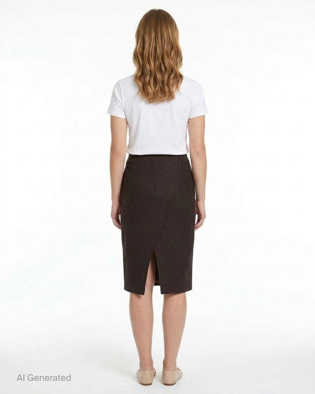 MM6 Maison Margiela dark brown wool felt midi skirt with a fitted pencil silhouette, shown from the front - back