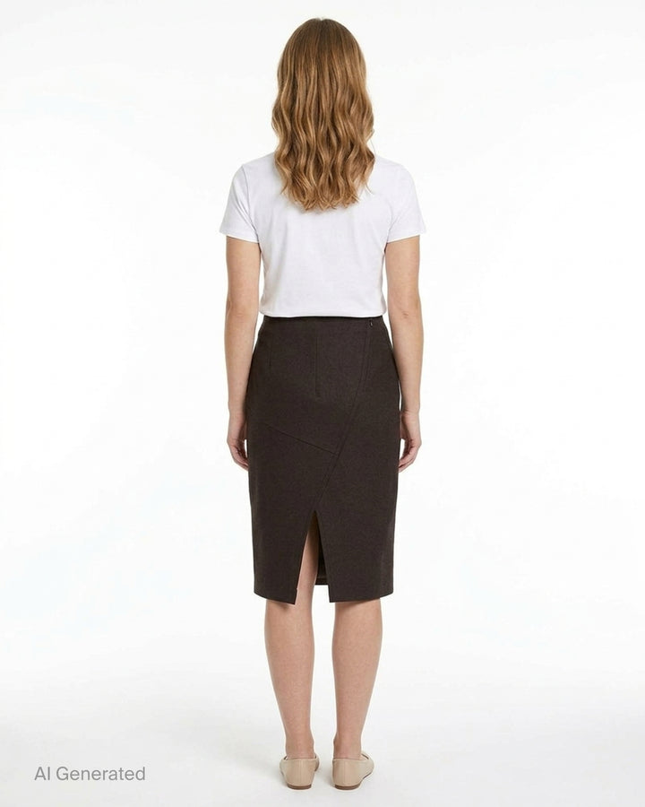 MM6 Maison Margiela dark brown wool felt midi skirt with a fitted pencil silhouette, shown from the front - back