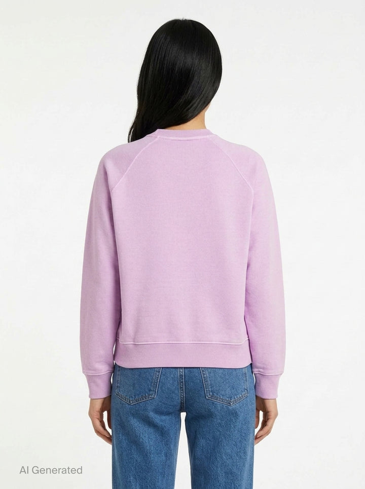 MSGM Bathrobe Cat Sweatshirt in lilac with gothic MSGM logo, illustrated kitten in a monogrammed bathrobe, and 'Late Check Out' slogan print on the chest - back