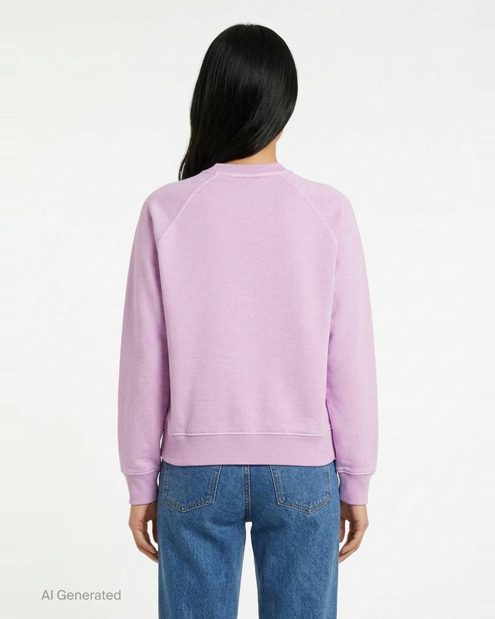 MSGM Bathrobe Cat Sweatshirt in lilac with gothic MSGM logo, illustrated kitten in a monogrammed bathrobe, and 'Late Check Out' slogan print on the chest - back