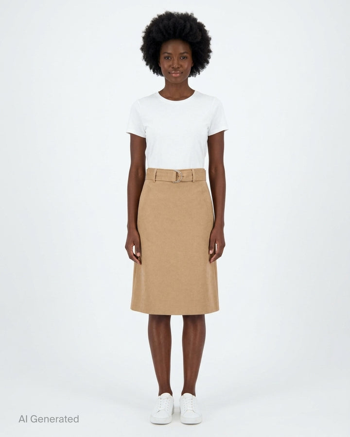 MSGM camel twill A-line midi skirt with matching self-fabric belt and silver double D-ring buckle - front