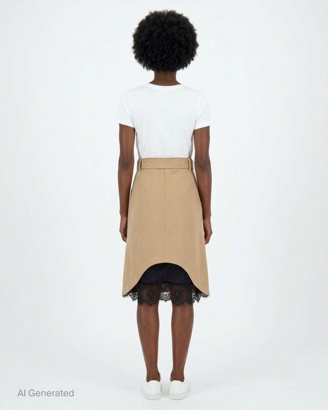 MSGM camel twill A-line midi skirt with matching self-fabric belt and silver double D-ring buckle - back