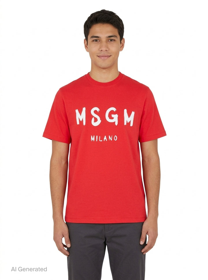 MSGM red cotton short sleeve tee with oversized white brushstroke logo and Milano text printed across the chest - front