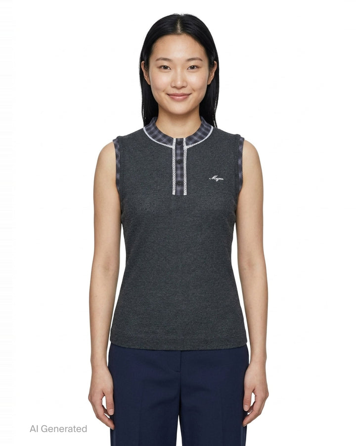 MSGM charcoal fine-knit sleeveless tank top with plaid checkered collar and shoulder trims, lace-edged button placket, and embroidered script logo on the chest - front