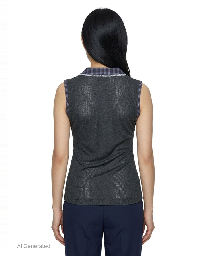 MSGM charcoal fine-knit sleeveless tank top with plaid checkered collar and shoulder trims, lace-edged button placket, and embroidered script logo on the chest - back